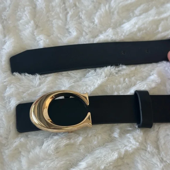 Black Vegan Leather Belt with Gold C Buckle – Fits Waist 28-36 Inches - Classic - Picture 9 of 11